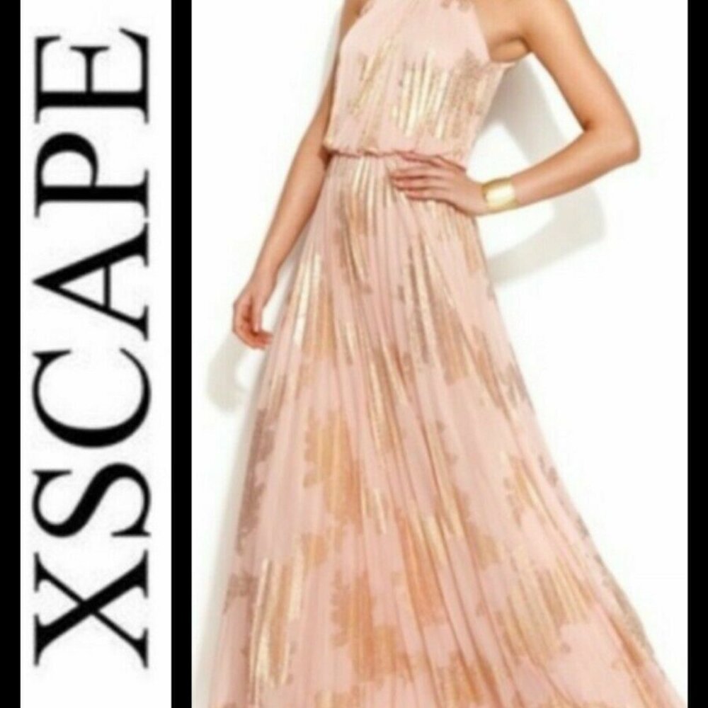 XSCAPE Peach Gold Foiled Pleated Halter Blouson Maxi Dress Gown Size 4